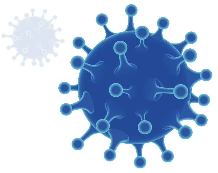 Imagem Decorativa de uma partícula de coronavírus na cor azul. A imagem consiste em um círculo azul com diversas protrusões em forma similar a alfinetes de cabeça, com pequenos círculos azuis na ponta.